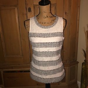 J Crew ivory w/metallic tweed/lace stripes Sz S